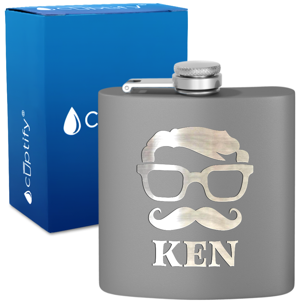 Personalized Glasses Mustache Groomsmen 6 oz Stainless Steel Hip Flask