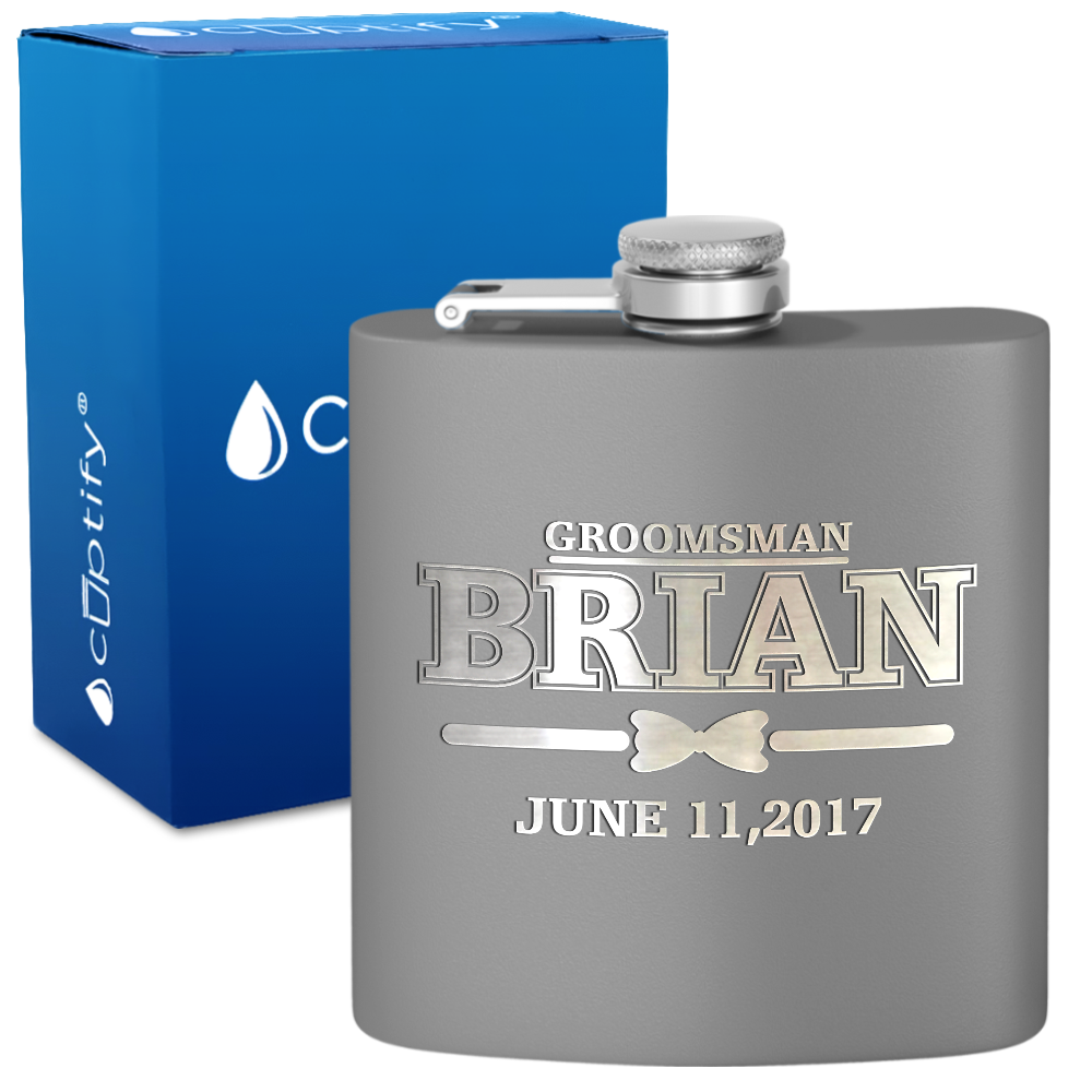 Personalized Dated Bow Tie Groosmen 6 oz Stainless Steel Hip Flask