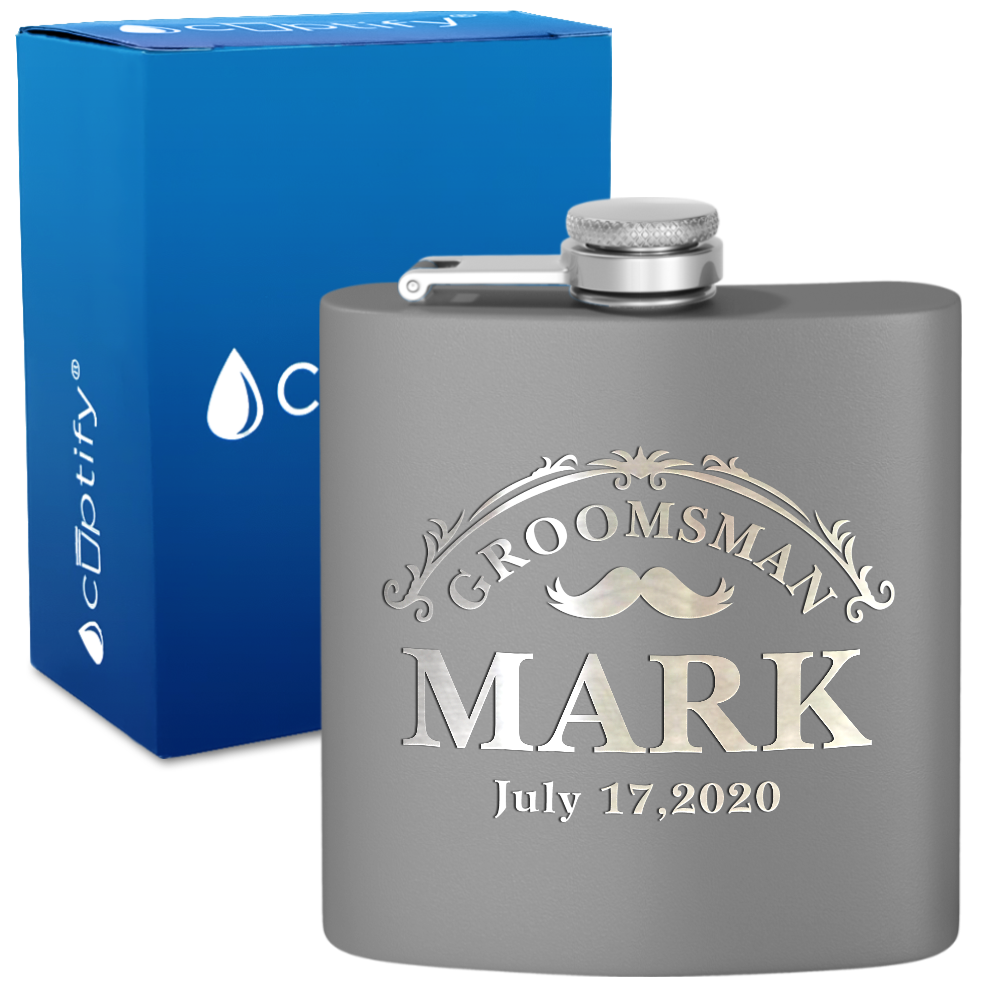 Personalized Classic Groomsman Mustache 6 oz Stainless Steel Hip Flask