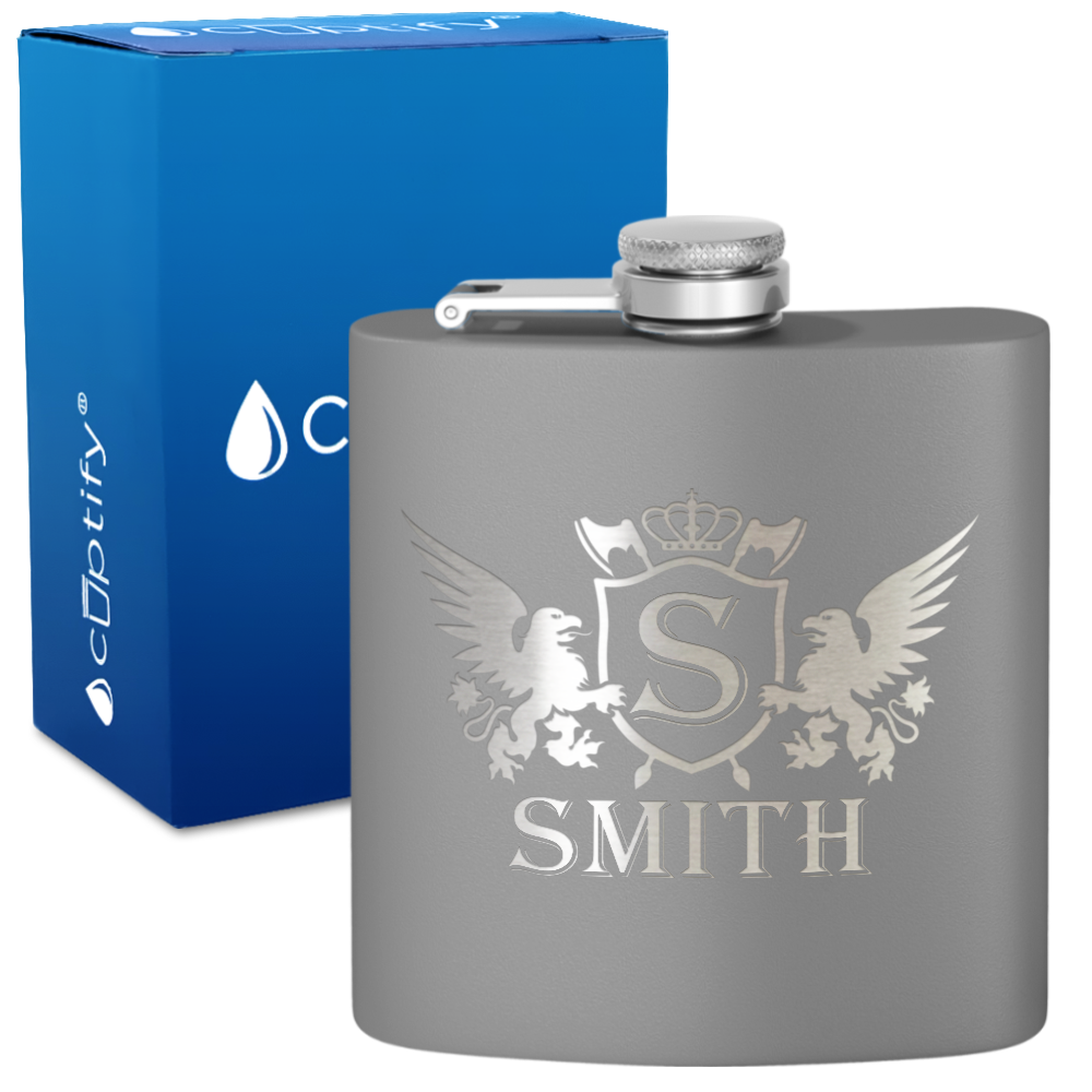 Personalized Crown Monogram Initial Badge 6oz Hip Flask