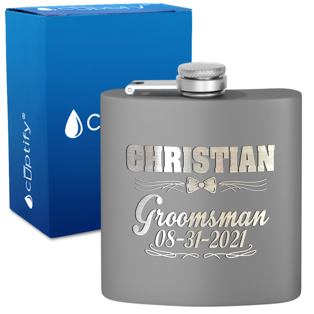 Personalized Groomsman Bow Tie 6 oz Stainless Steel Hip Flask