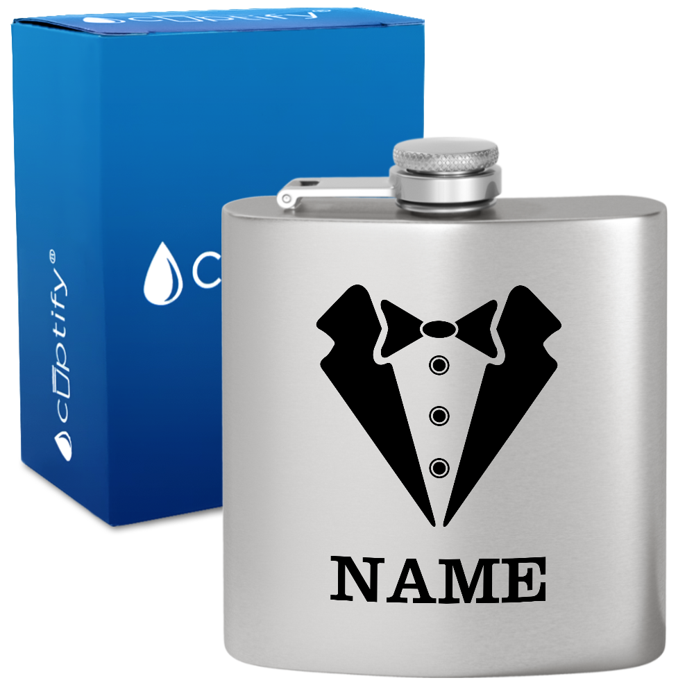 Personalized Suit Bow Tie Groomsmen 6 oz Stainless Steel Hip Flask