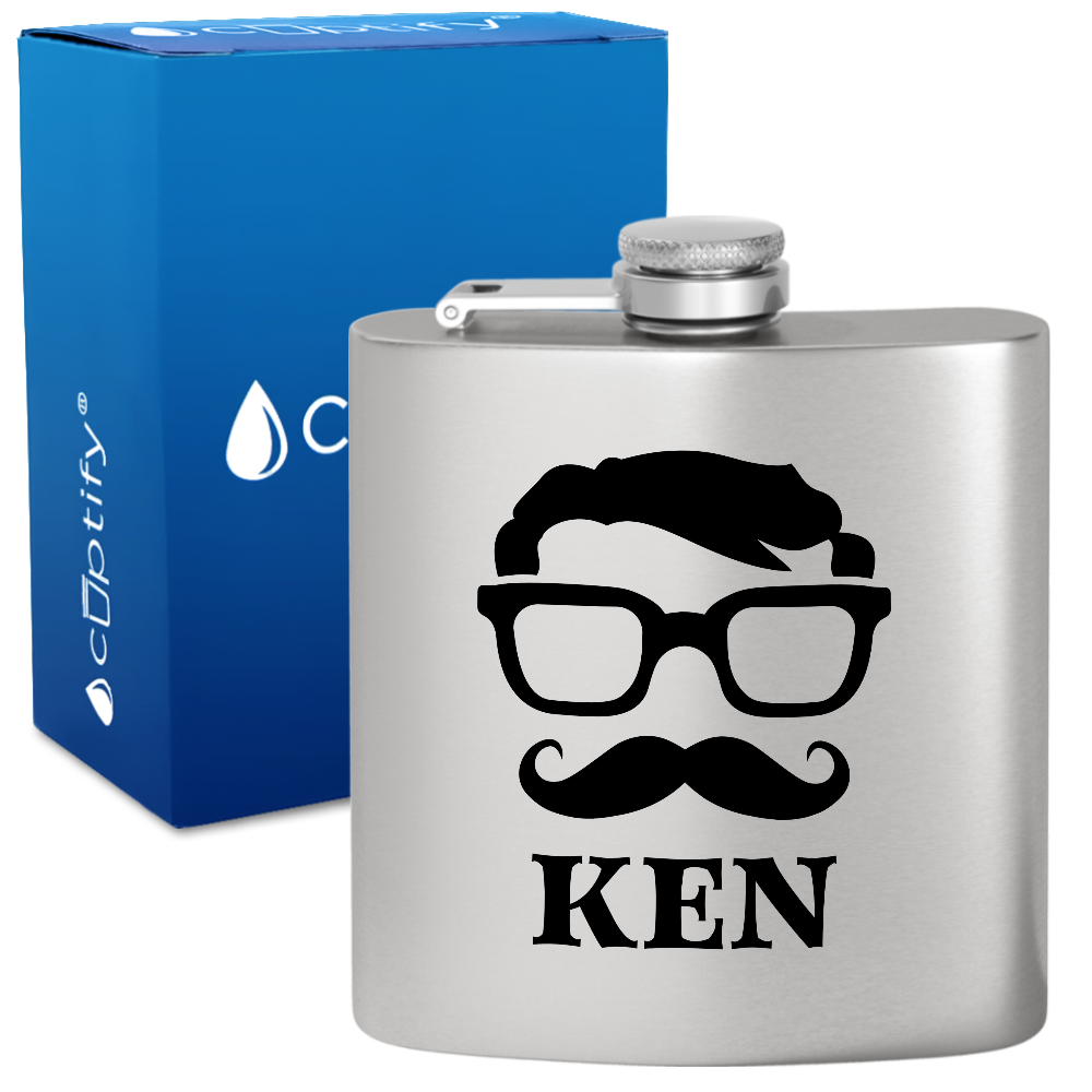 Personalized Glasses Mustache Groomsmen 6 oz Stainless Steel Hip Flask