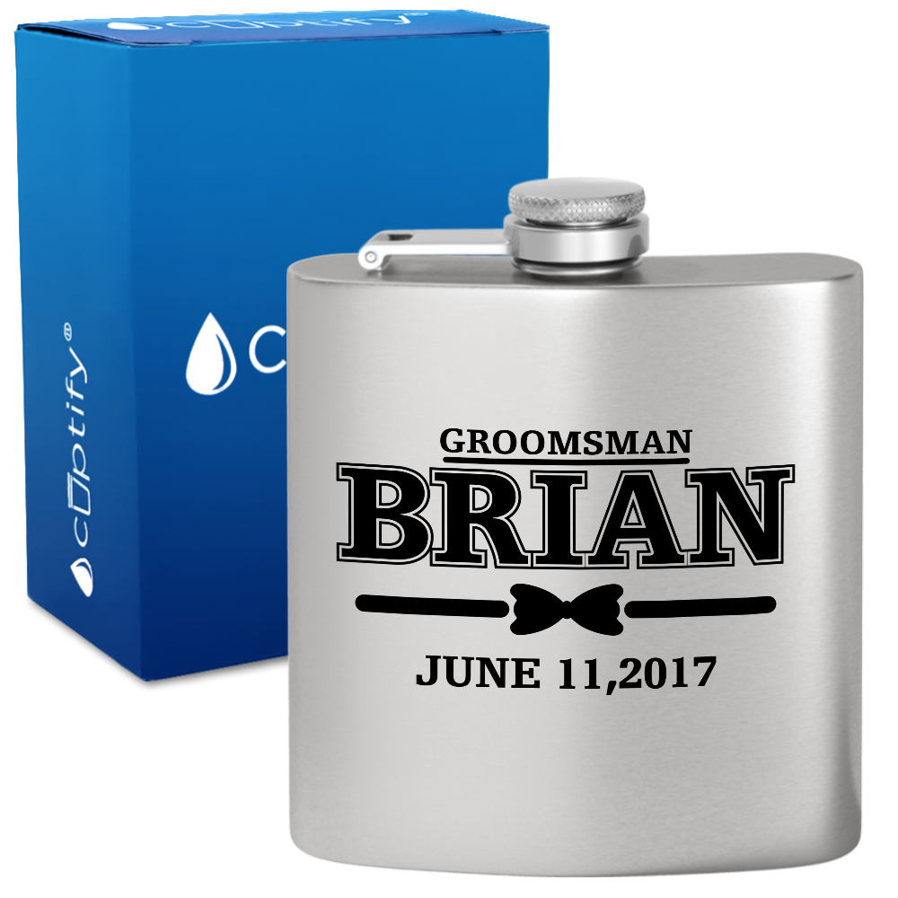 Personalized Dated Bow Tie Groosmen 6 oz Stainless Steel Hip Flask