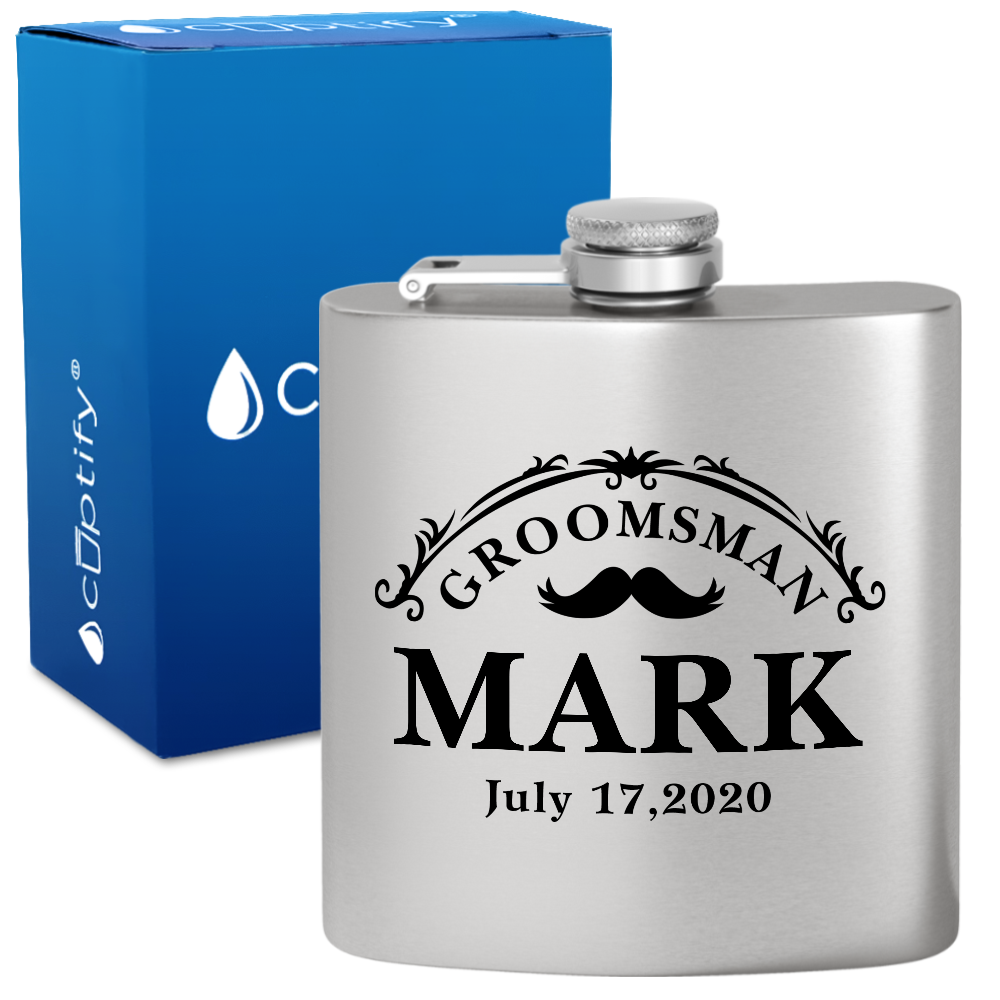 Personalized Classic Groomsman Mustache 6 oz Stainless Steel Hip Flask
