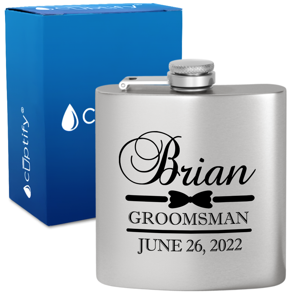 Personalized Groomsman Classy Bow Tie 6 oz Stainless Steel Hip Flask