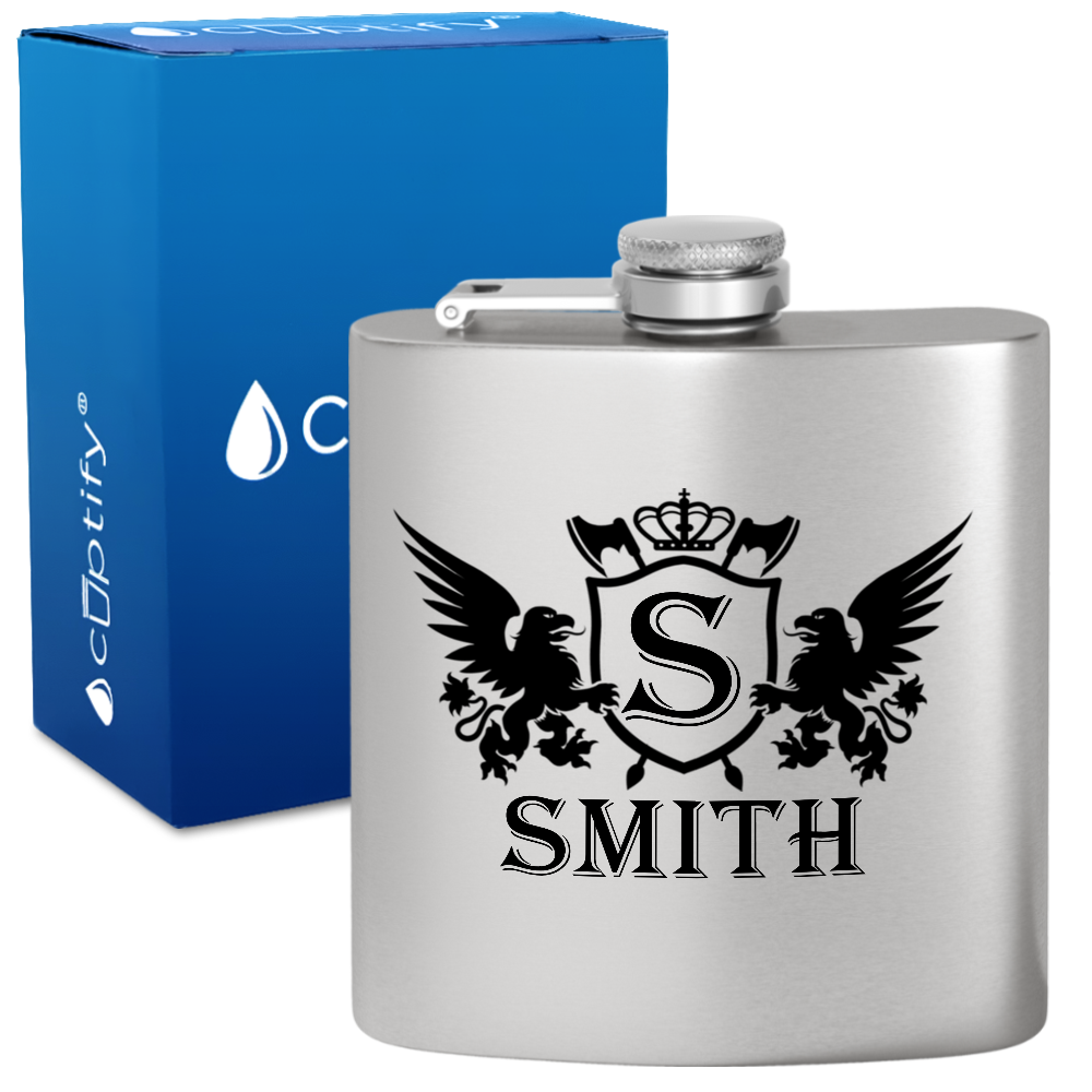 Personalized Crown Monogram Initial Badge 6oz Hip Flask