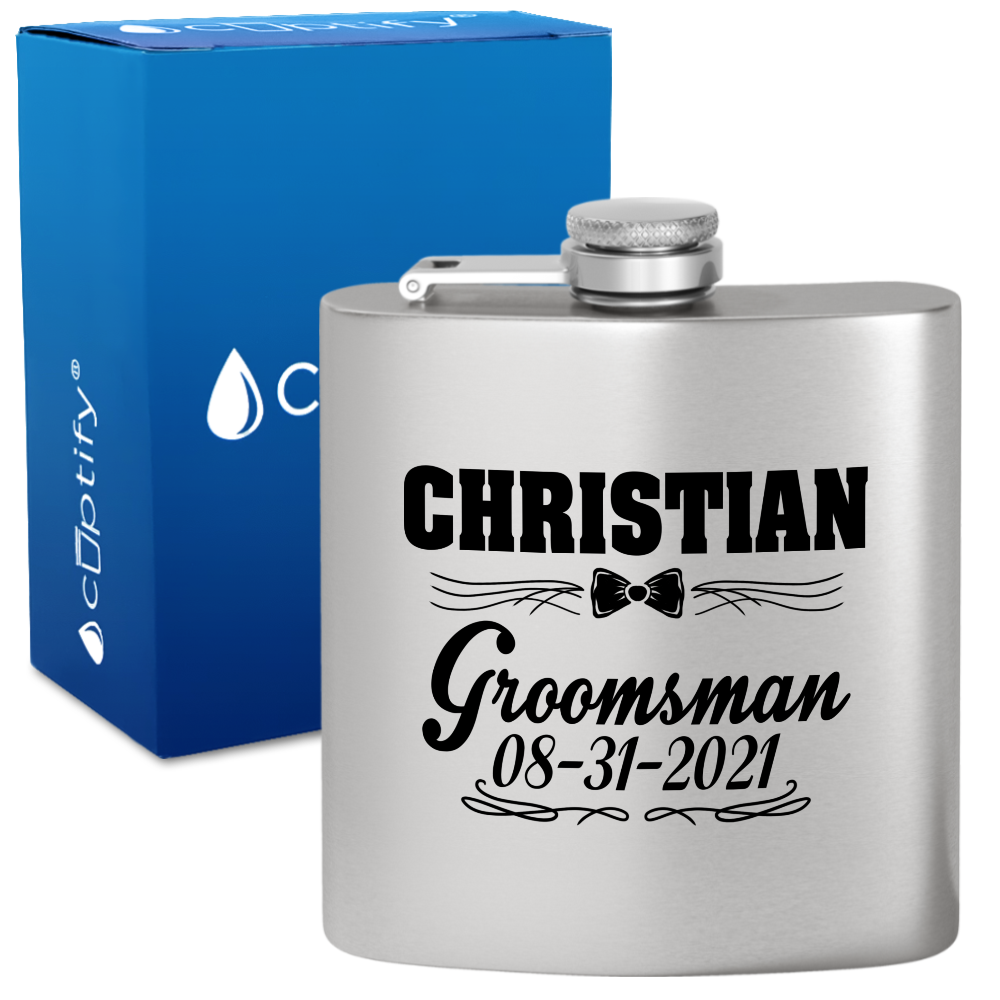 Personalized Groomsman Bow Tie 6 oz Stainless Steel Hip Flask