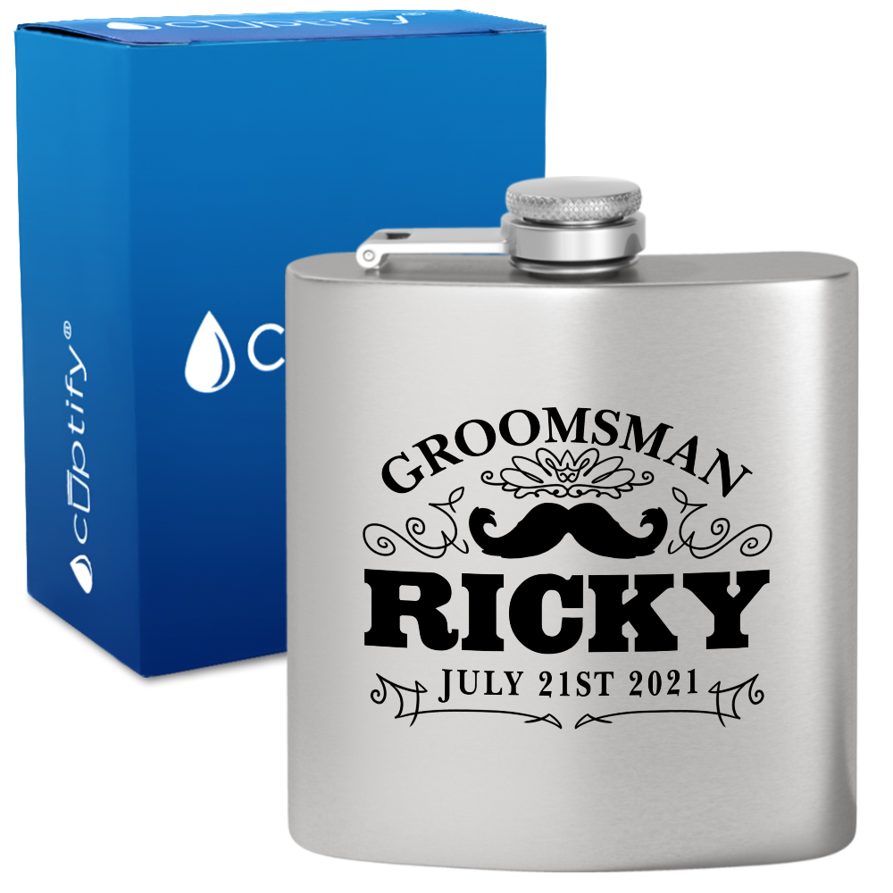 Personalized Groomsman Mustache 6 oz Stainless Steel Hip Flask