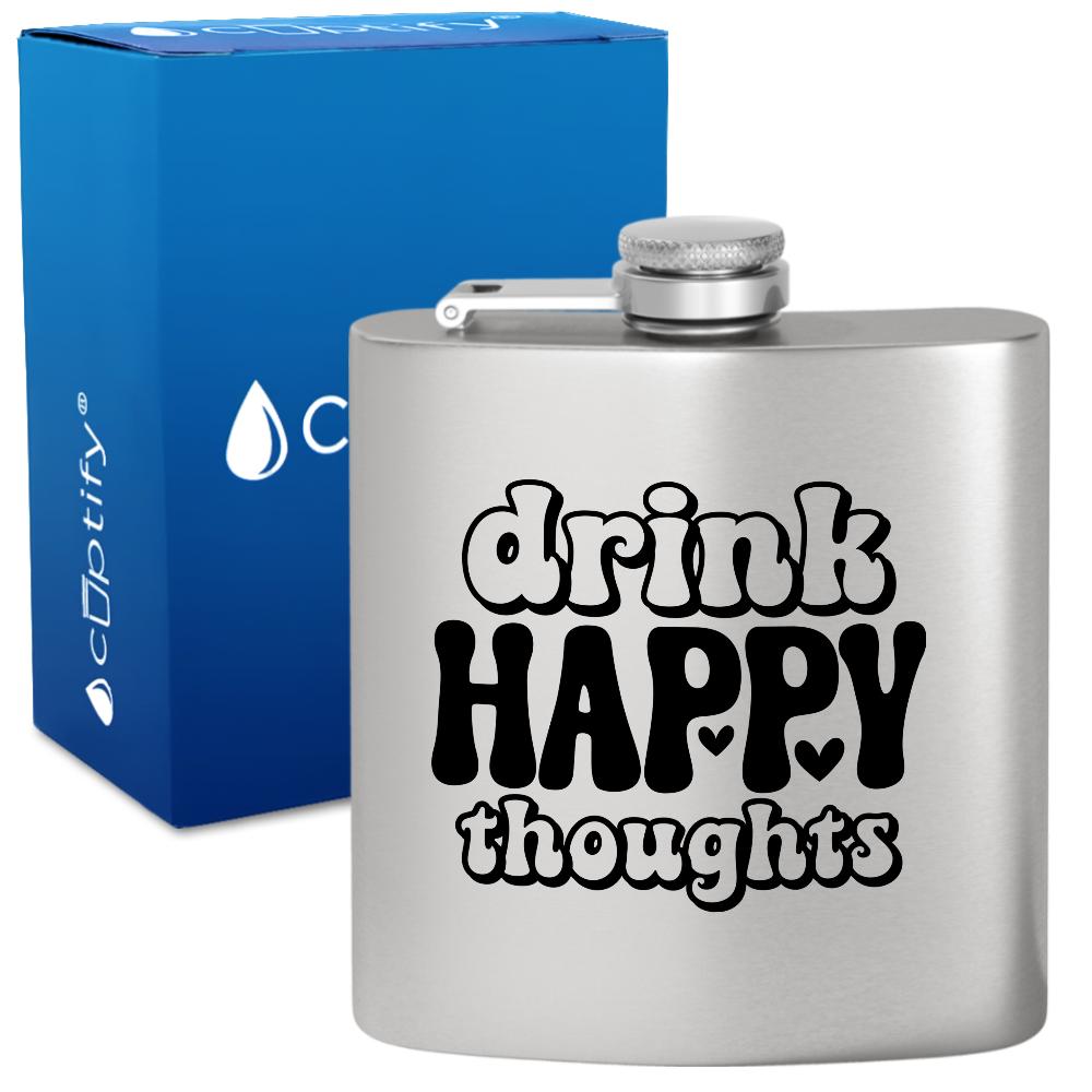 Drink Happy Thoughts Hearts 6 oz Stainless Steel Hip Flask