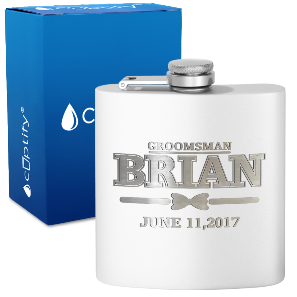 Personalized Dated Bow Tie Groosmen 6 oz Stainless Steel Hip Flask