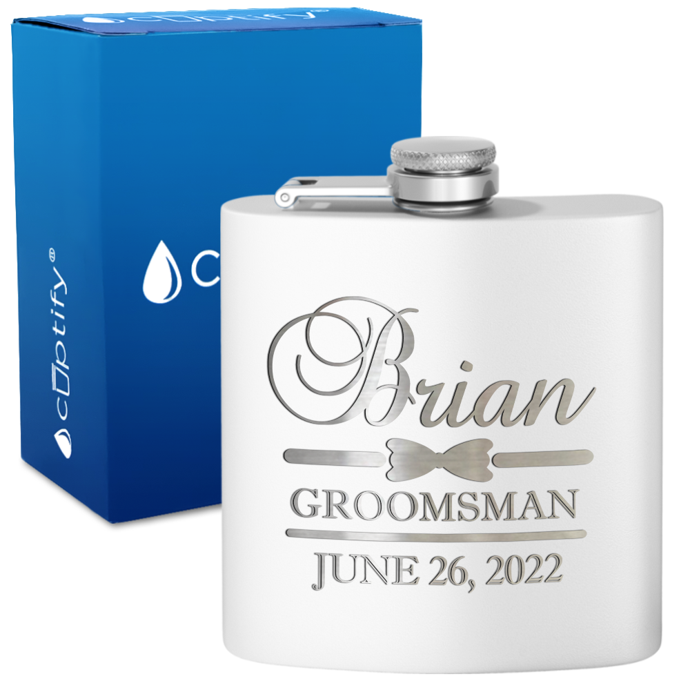 Personalized Groomsman Classy Bow Tie 6 oz Stainless Steel Hip Flask