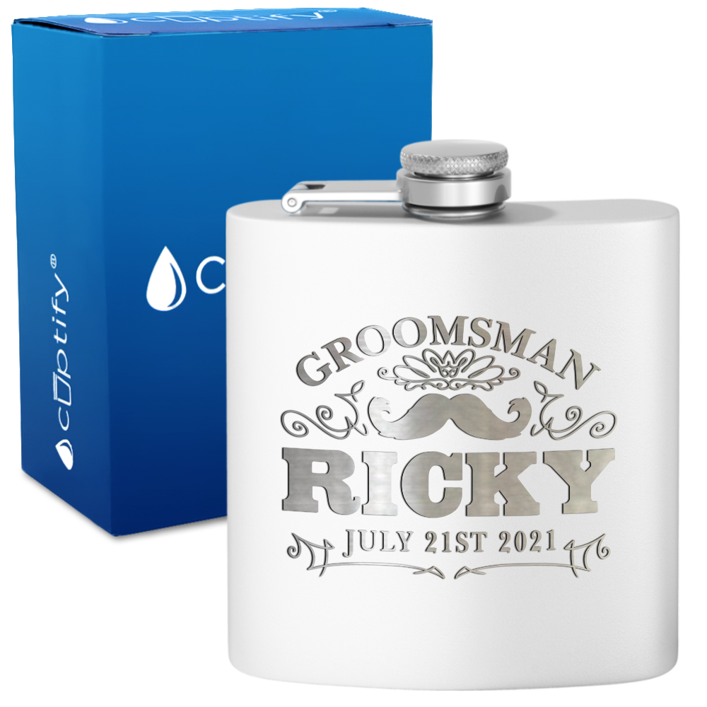 Personalized Groomsman Mustache 6 oz Stainless Steel Hip Flask