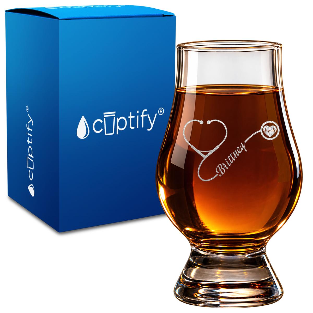 Personalized Nurse Heart Stethoscope design on 6oz Glencairn Whiskey Glass