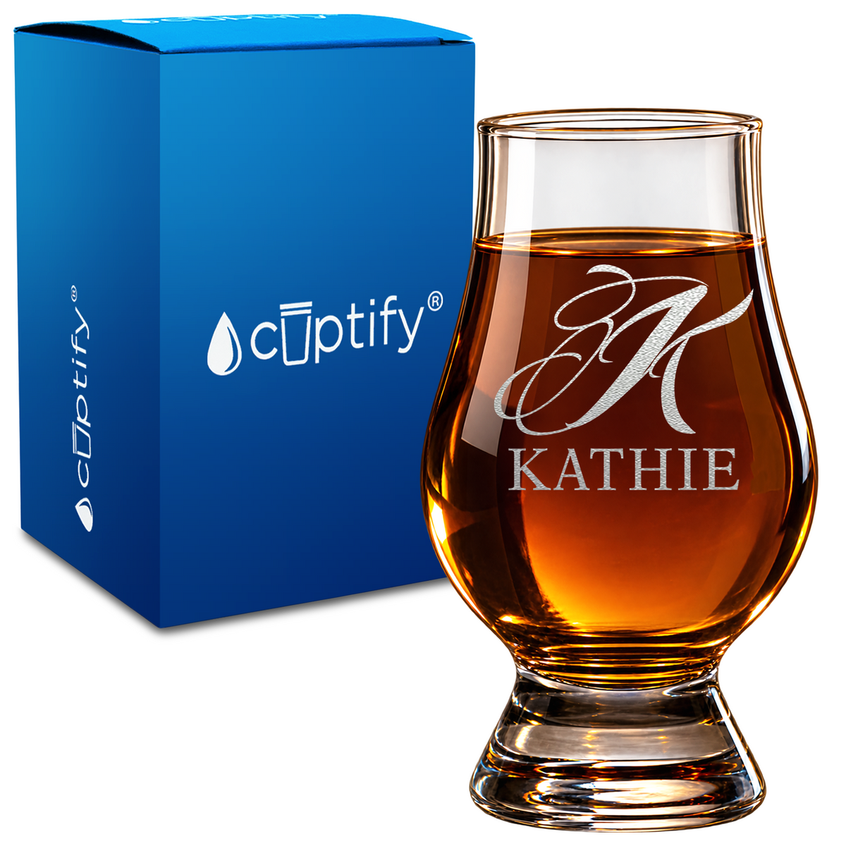 Script Monogram Initial and Name design on 6oz Glencairn Whiskey Glass