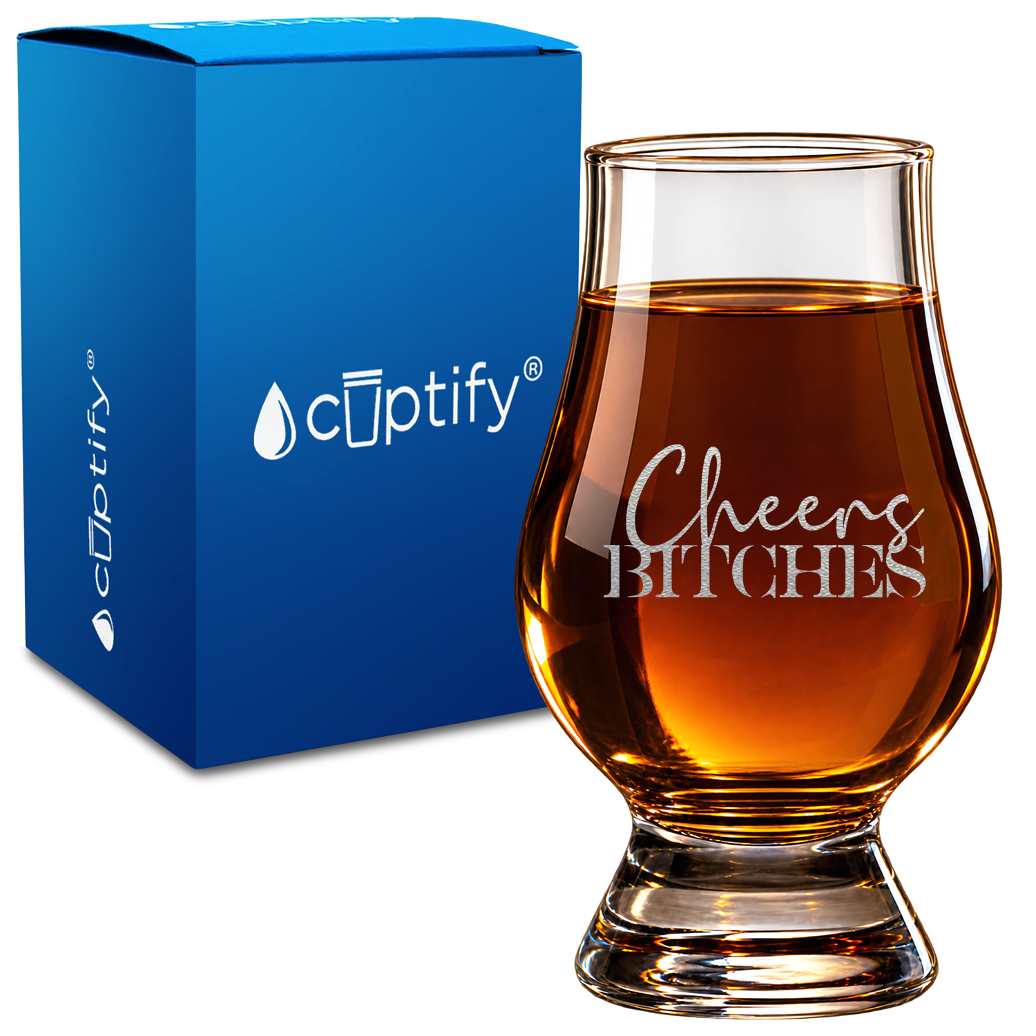 Cheers Bitches design on 6oz Glencairn Whiskey Glass