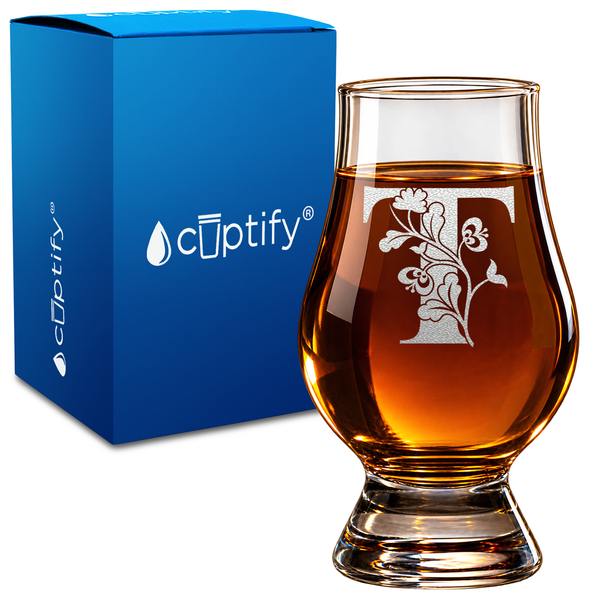 Monogram Blooming Floral Initial Letter design on 6oz Glencairn Whiskey Glass