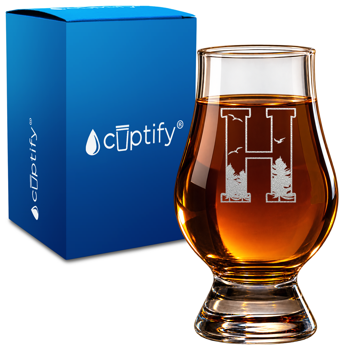 Monogram Forest Initial Letter design on 6oz Glencairn Whiskey Glass