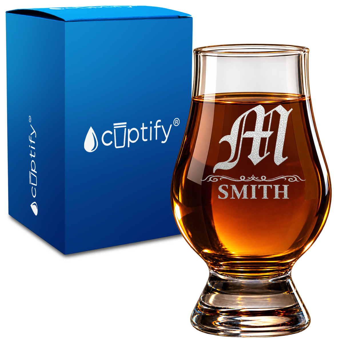 Personalized Gothic Initial design on 6oz Glencairn Whiskey Glass