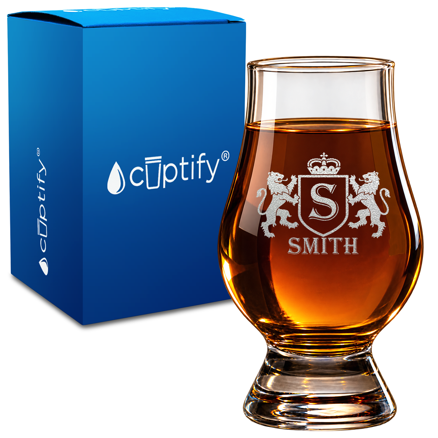 Personalized Heraldic Lions Shield Monogram design on 6oz Glencairn Whiskey Glass