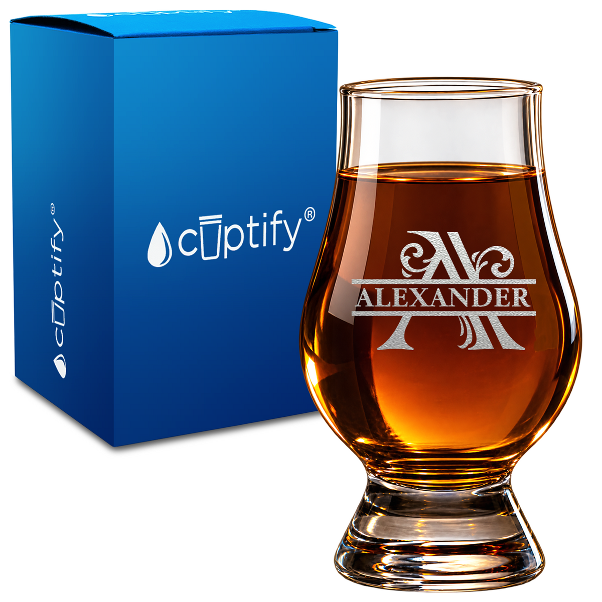 Scrollwork Split Monogram design on 6oz Glencairn Whiskey Glass