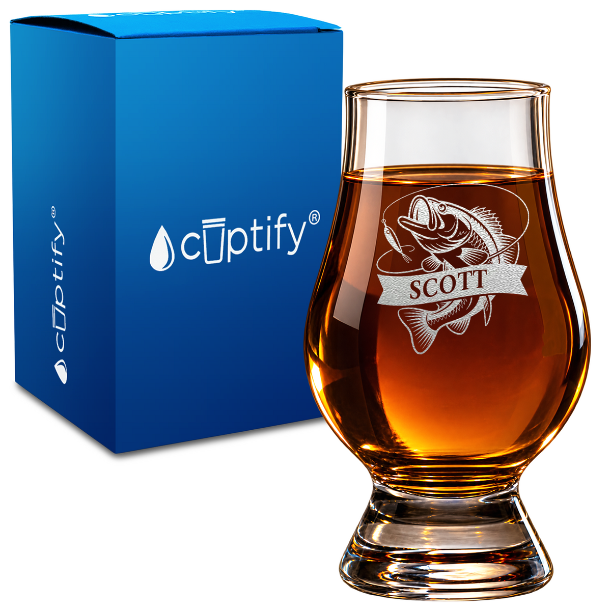 Personalized Hooked Catch Banner design on 6oz Glencairn Whiskey Glass