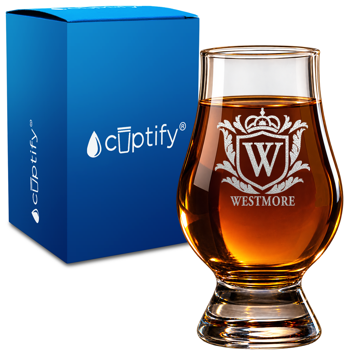 Personalized Monogram Crest design on 6oz Glencairn Whiskey Glass