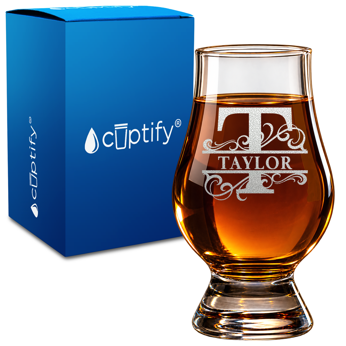 Vine Elegance Monogram design on 6oz Glencairn Whiskey Glass