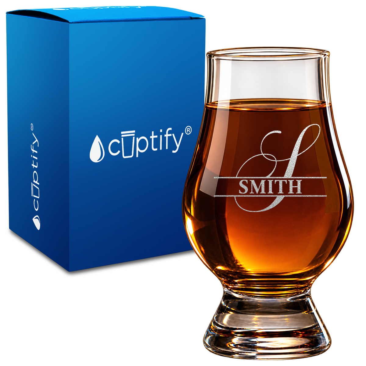 Elegant Letter Monogram design on 6oz Glencairn Whiskey Glass
