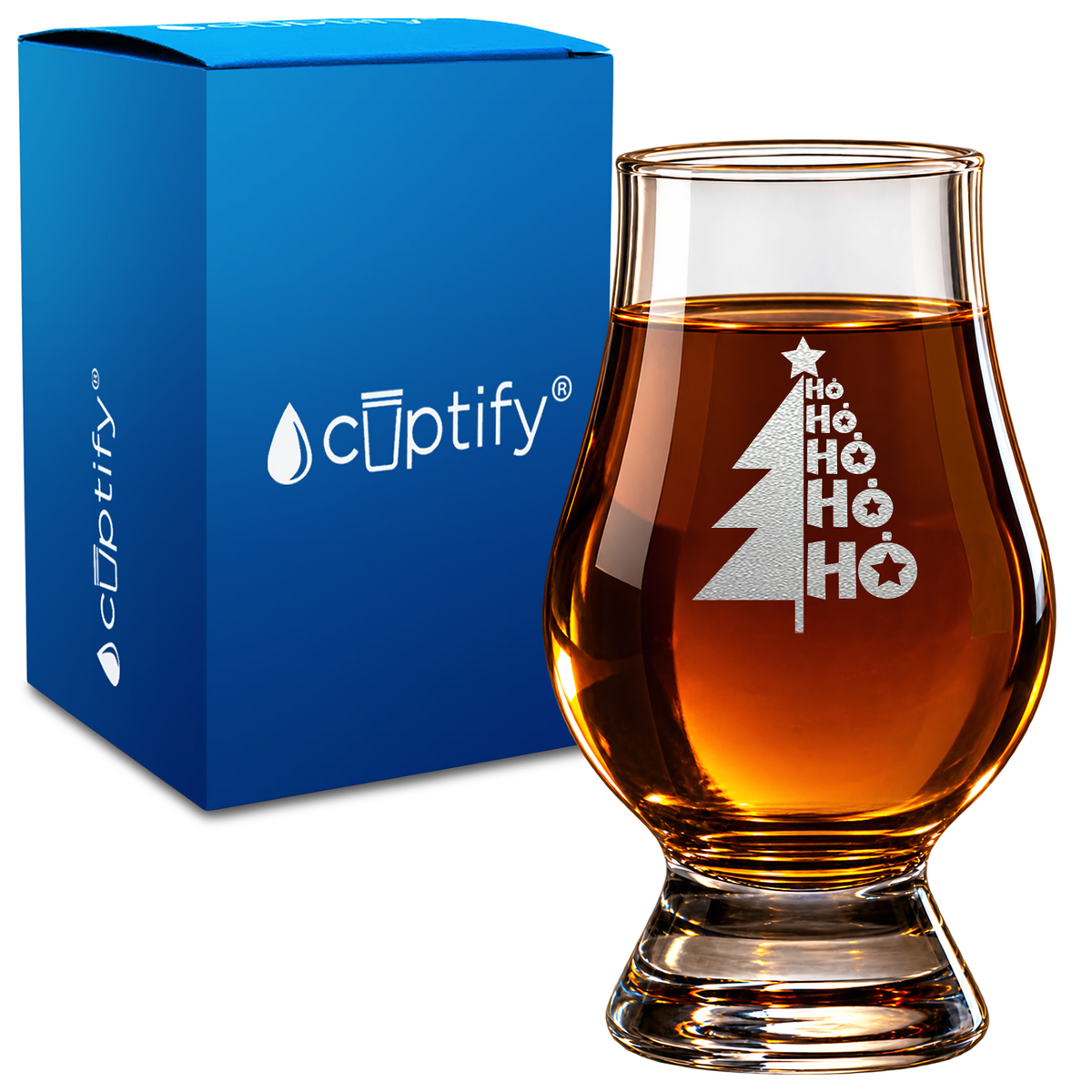 Ho Ho Ho Christmas Tree design on 6oz Glencairn Whiskey Glass