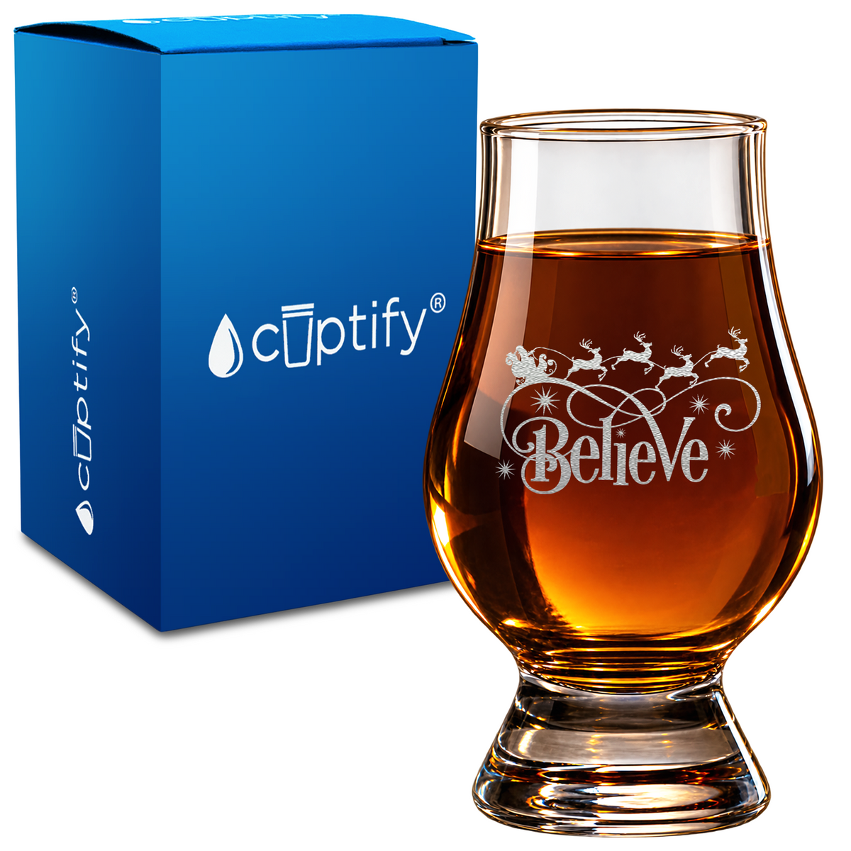 Believe in Santa design on 6oz Glencairn Whiskey Glass