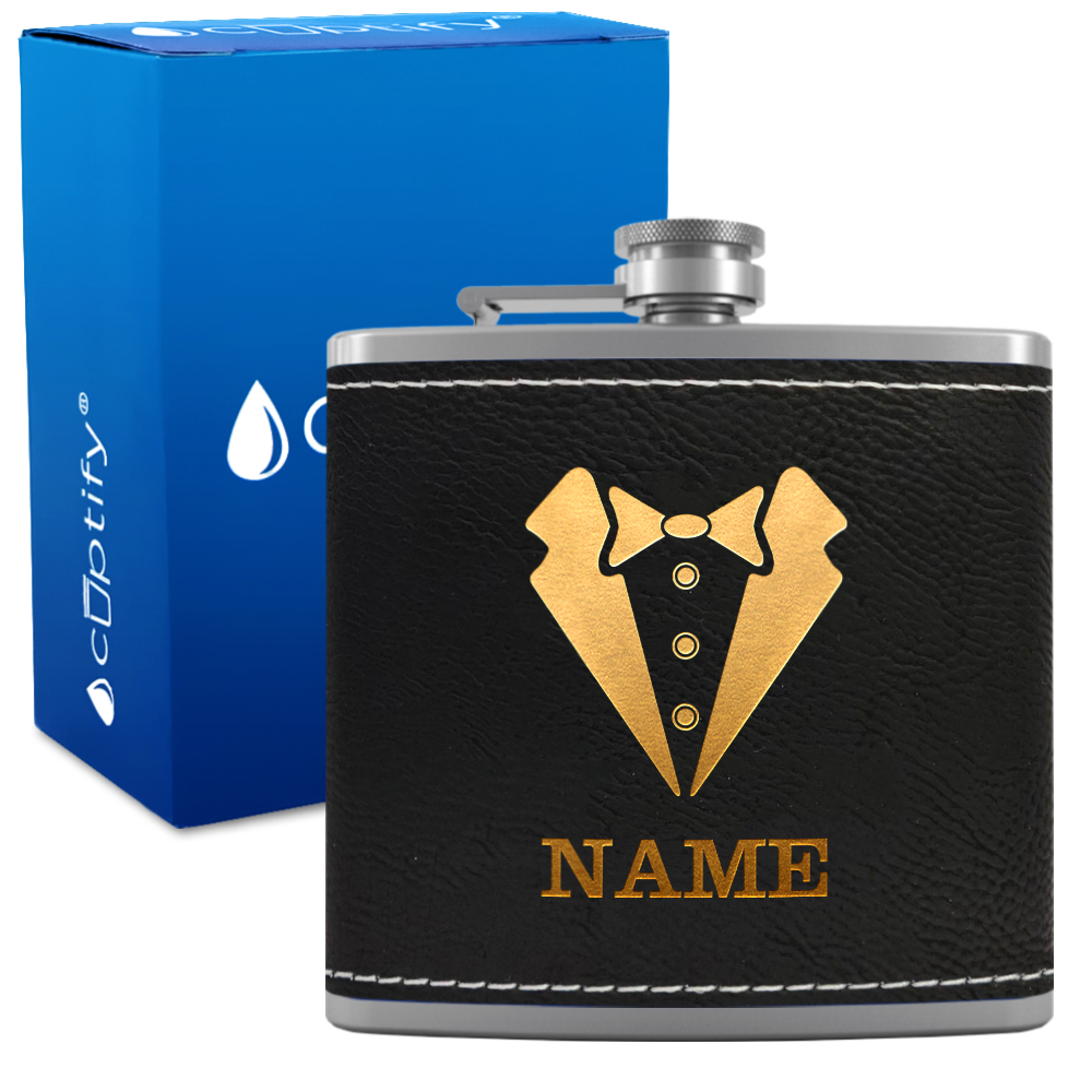 Personalized Suit Bow Tie Groomsmen 6 oz Stainless Steel Leather Hip Flask