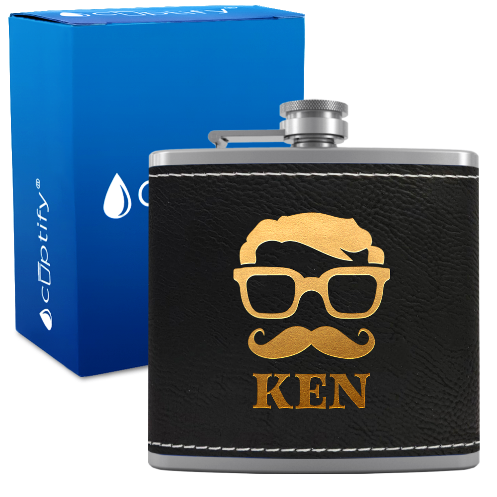 Personalized Glasses Mustache Groomsmen 6 oz Stainless Steel Leather Hip Flask