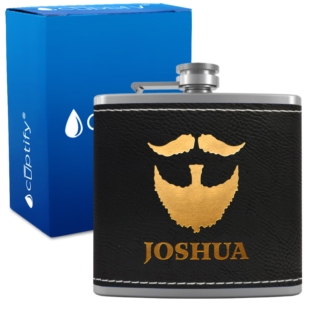 Personalized Beard Groomsmen 6 oz Stainless Steel Leather Hip Flask