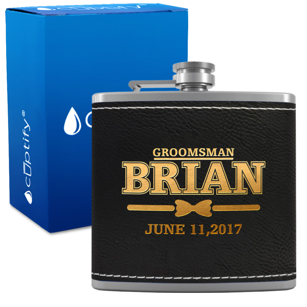 Personalized Dated Bow Tie Groosmen 6 oz Stainless Steel Leather Hip Flask