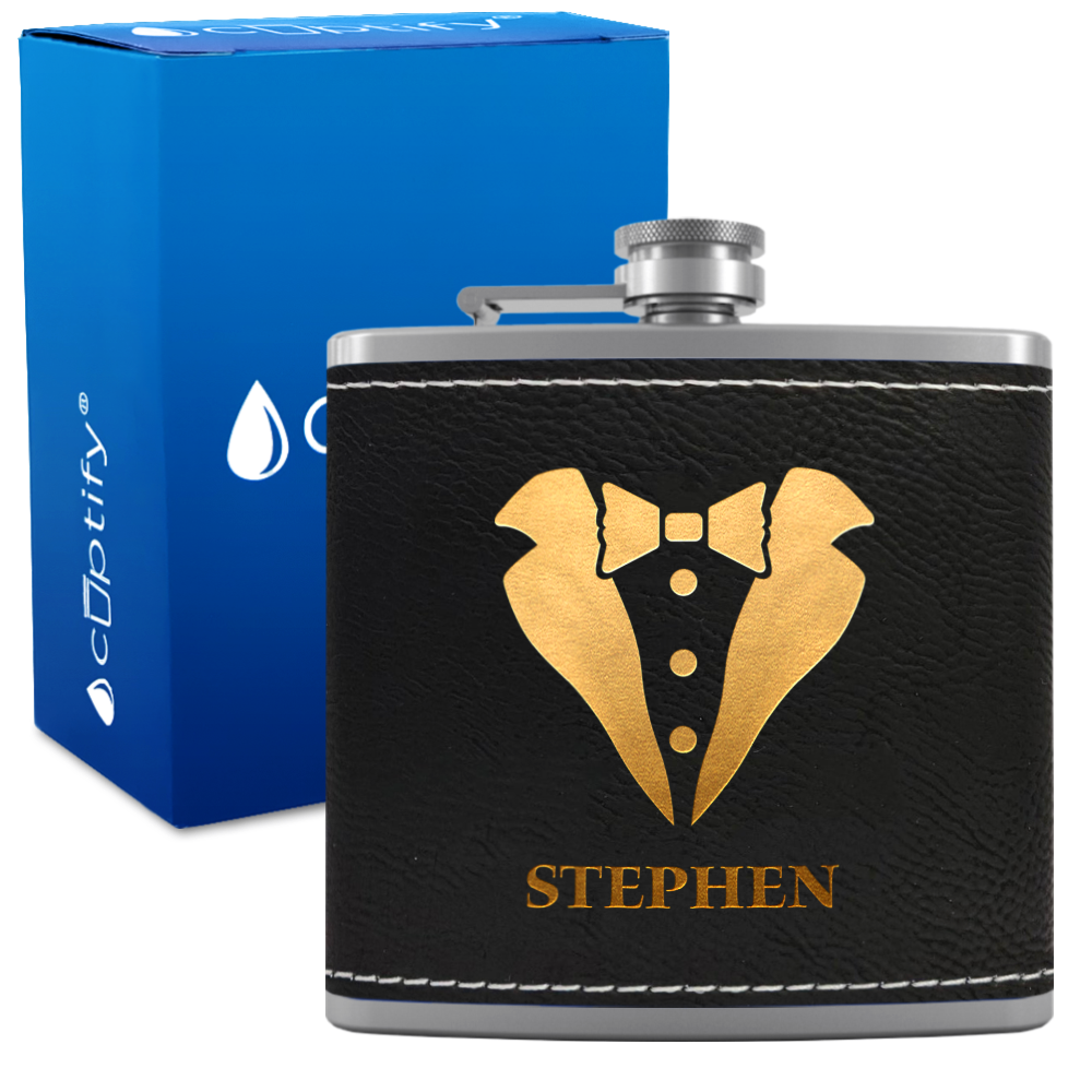 Personalized Tux Groomsmen 6 oz Stainless Steel Leather Hip Flask