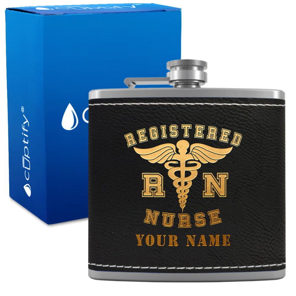 Personalized RN Registered Nurse 6oz Stainless Steel Leather Hip Flask