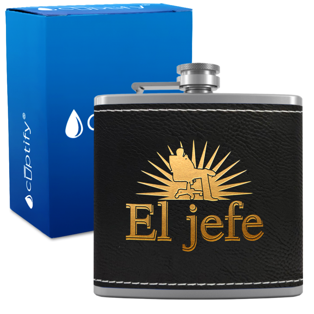 El Jefe 6oz Stainless Steel Leather Hip Flask