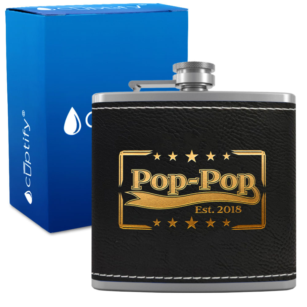 Pop-Pop Est 6 oz Stainless Steel Leather Hip Flask