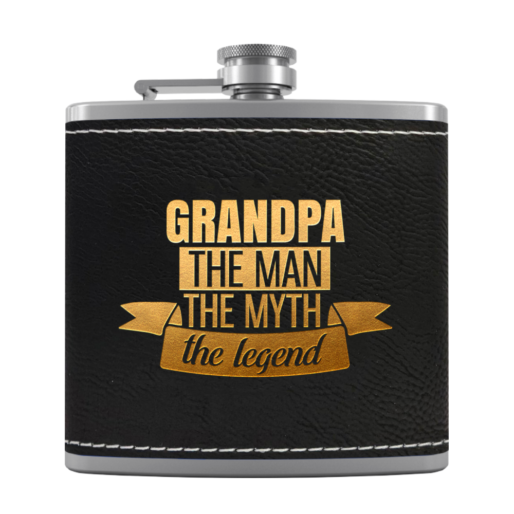 Grandpa The Man 6 oz Stainless Steel Leather Hip Flask