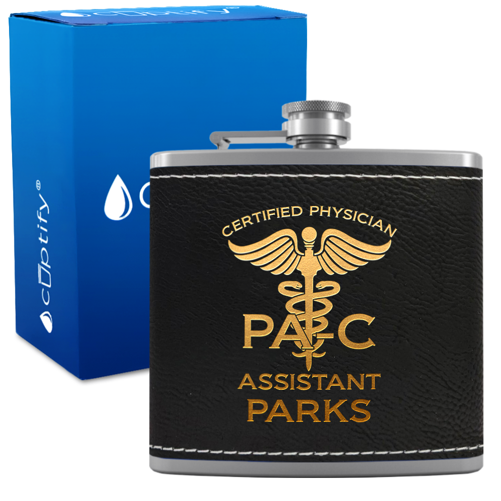 Personalized PA-C Certified Physician Assistant 6oz Stainless Steel Leather Hip Flask