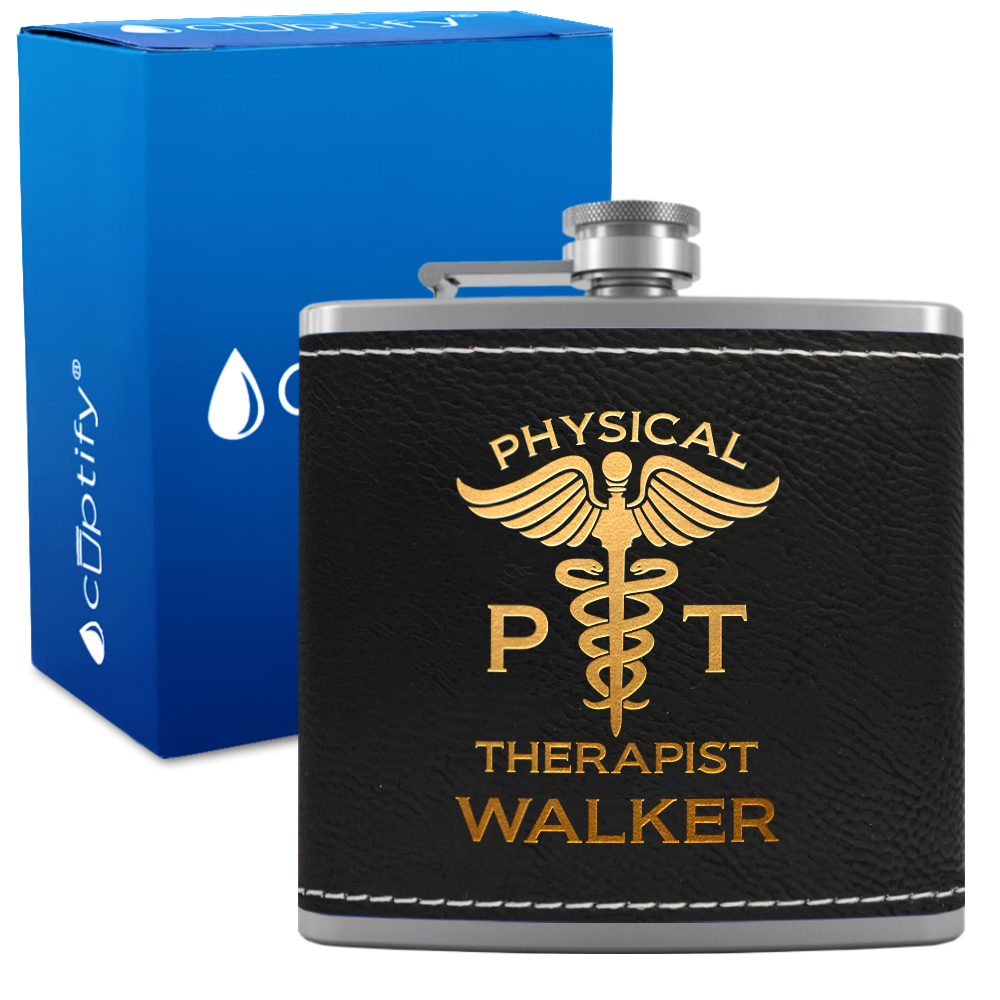 Personalized PT Physical Therapist 6oz Stainless Steel Leather Hip Flask