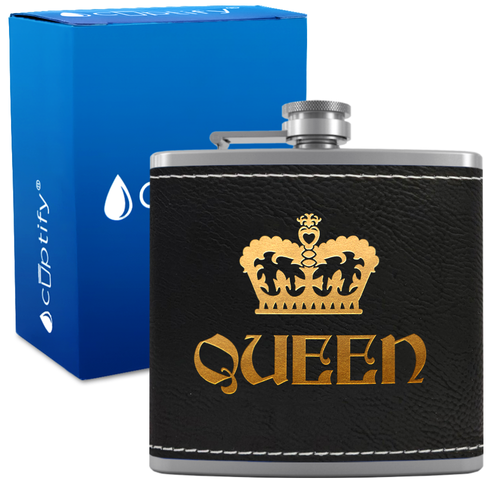 Queen Crown 6 oz Stainless Steel Leather Hip Flask