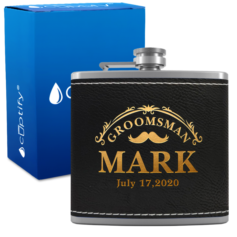 Personalized Classic Groomsman Mustache 6 oz Stainless Steel Leather Hip Flask