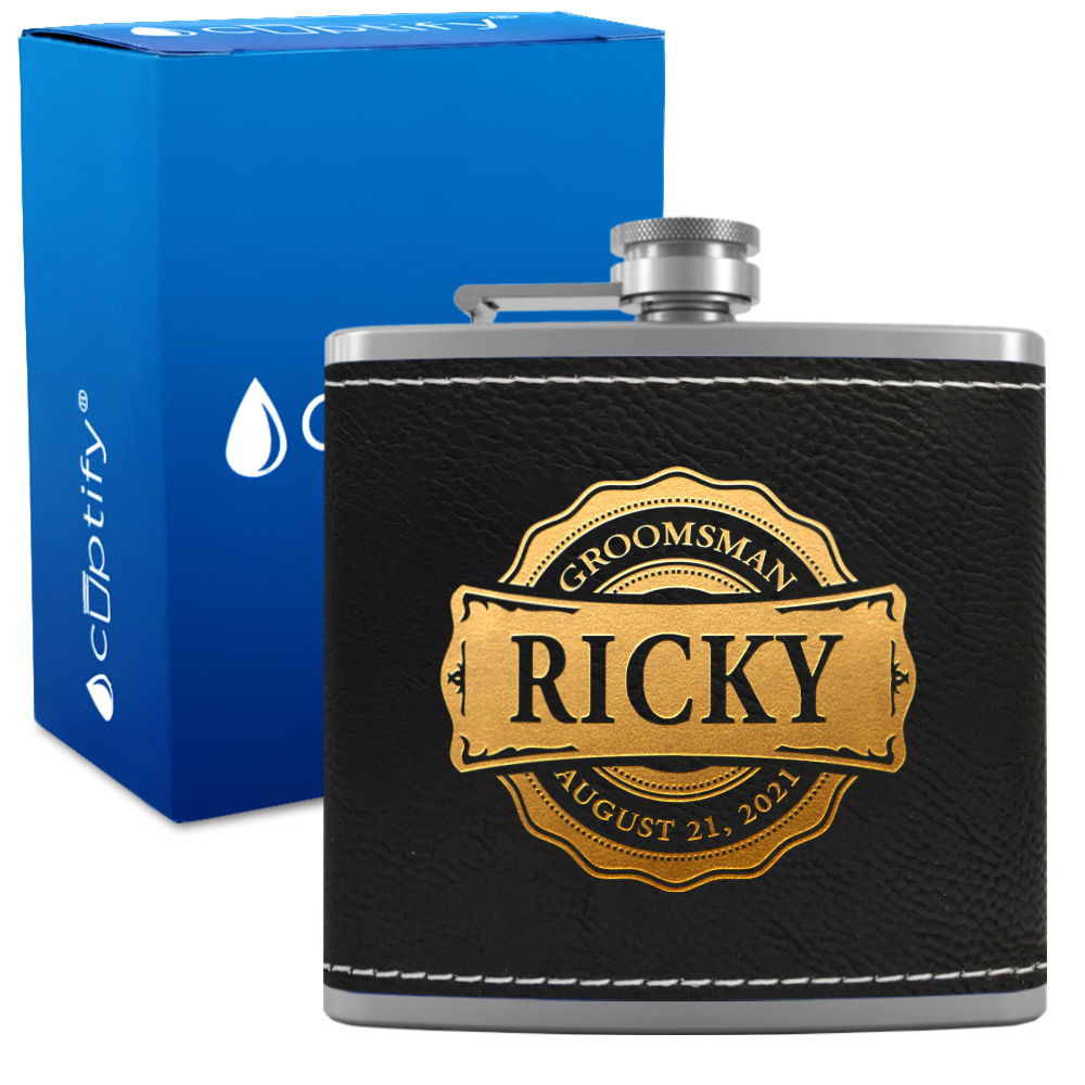 Personalized Groomsman Circle 6 oz Stainless Steel Leather Hip Flask