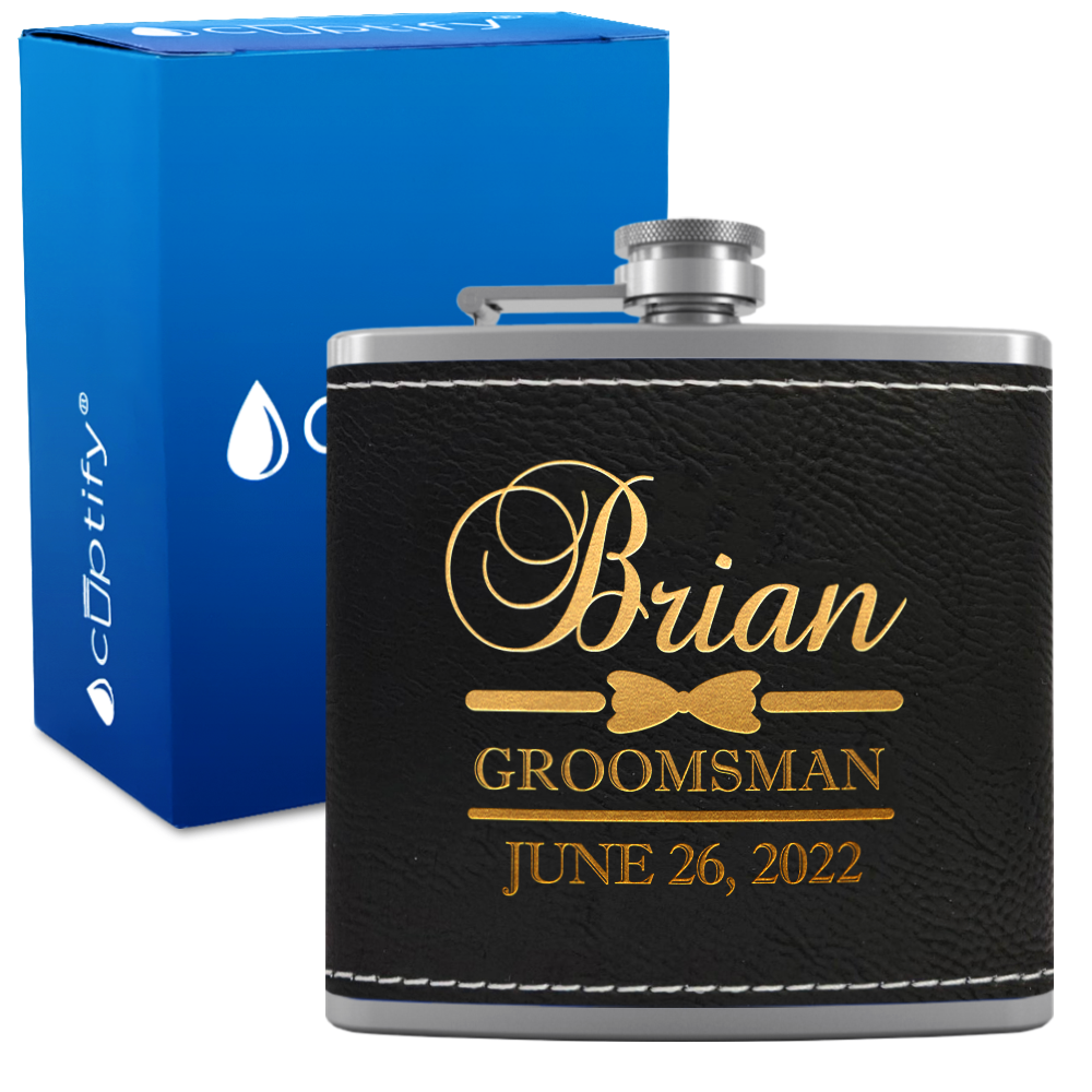 Personalized Groomsman Classy Bow Tie 6 oz Stainless Steel Leather Hip Flask