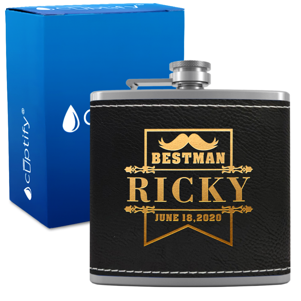 Personalized Groomsman Banner 6 oz Stainless Steel Leather Hip Flask