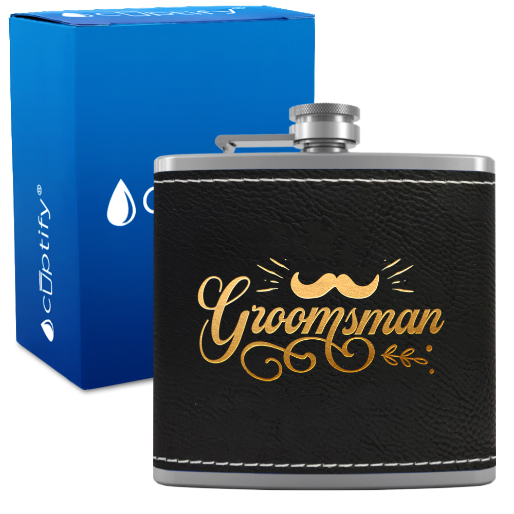 Groomsman Groovy 6 oz Stainless Steel Leather Hip Flask