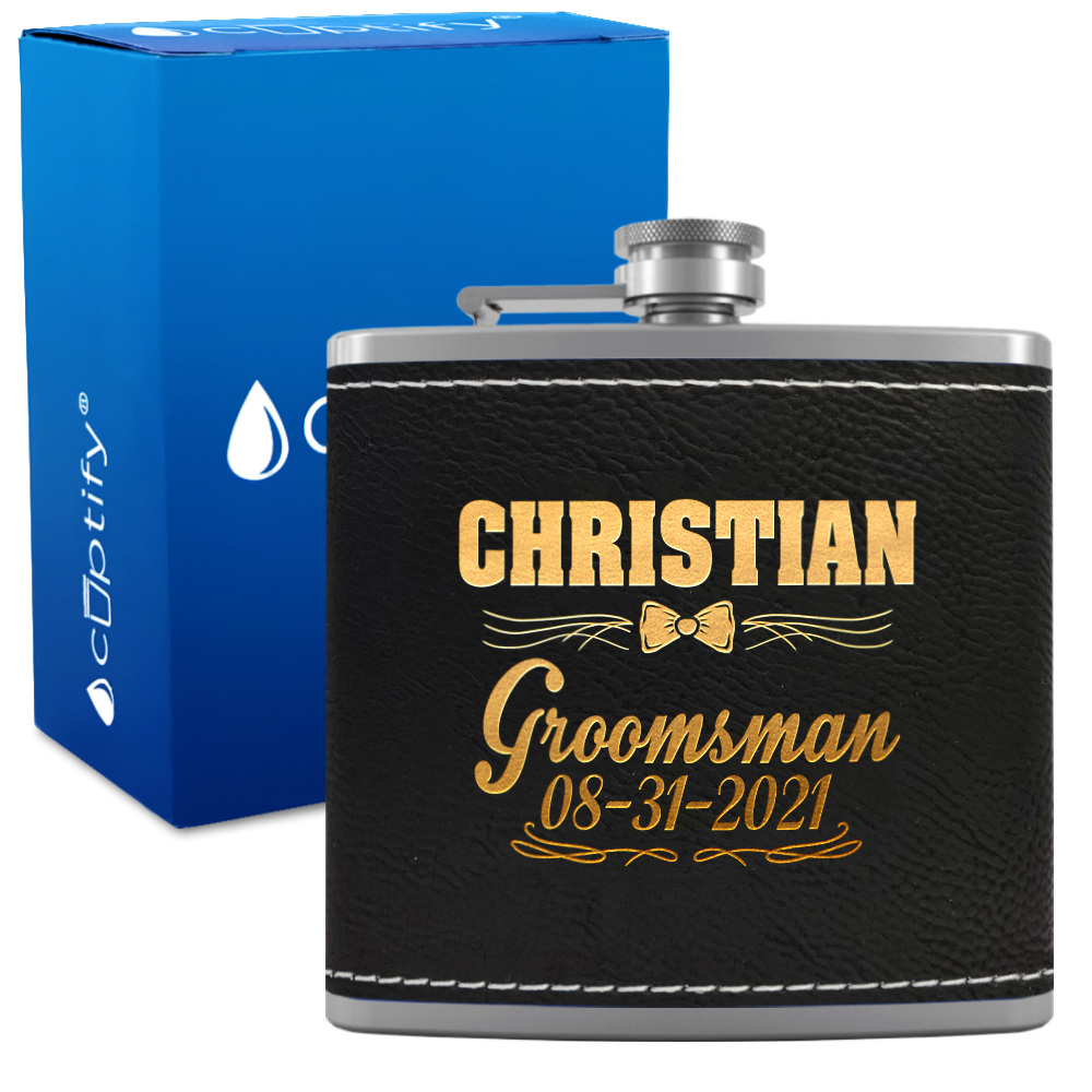 Personalized Groomsman Bow Tie 6 oz Stainless Steel Leather Hip Flask