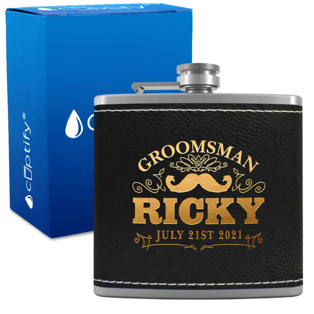 Personalized Groomsman Mustache 6 oz Stainless Steel Leather Hip Flask